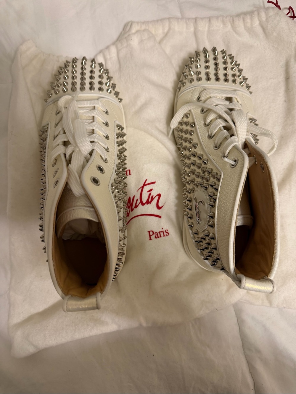 Christian Louboutin White Leather Spike-Embellished Low Tops